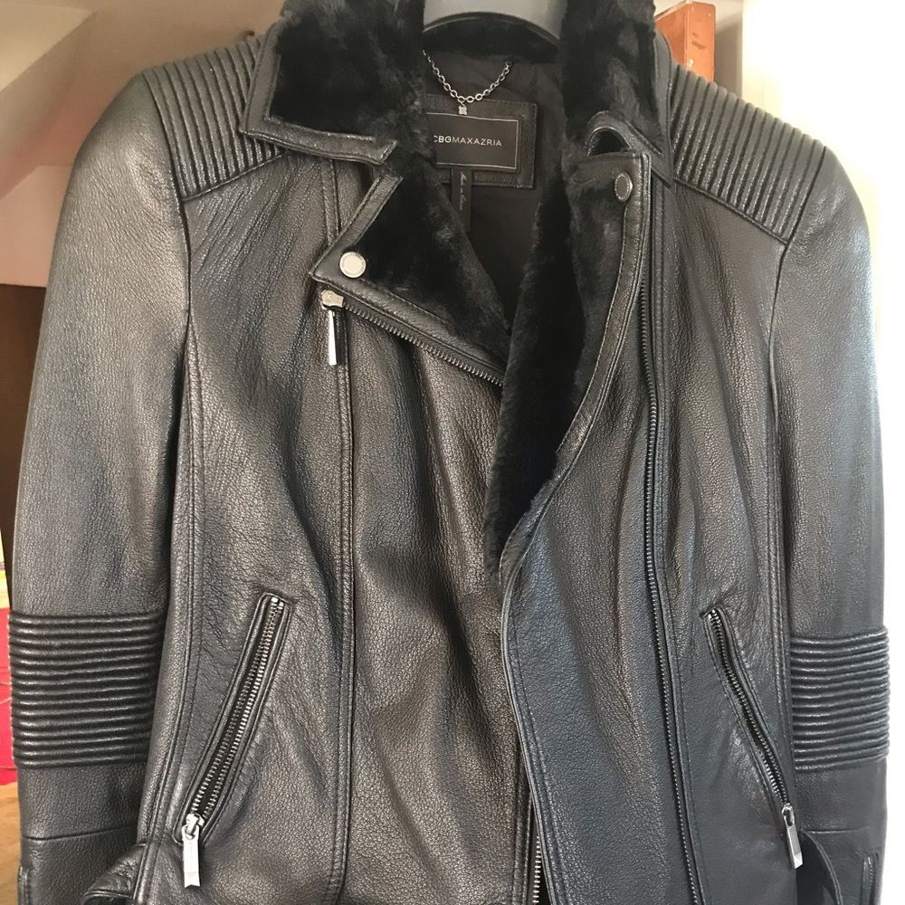 BCBGMaxAzria Black Leather Moto Jacket with Shearling Trim
